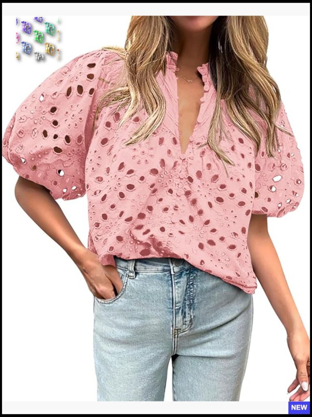 Hollow Out Eyelet Embroidery V Neck Puff Sleeve Boho Blouse Spring Summer
